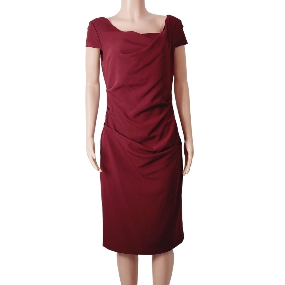 ADRIANNA Papell Asymmetrical Brick Red Crinkled Midi Sheath Dress Size: 10